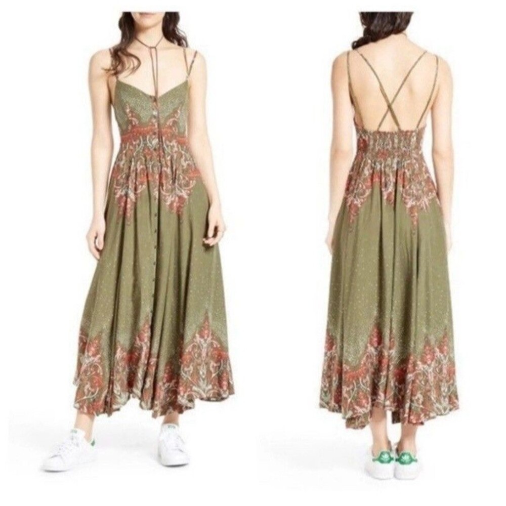 Free People Be My Baby Maxi Dress Size S Green Button Front Paisley